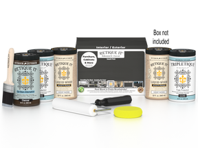 Retique It® Charcoal Multi-purpose Smooth Finish Kit for interior wood projects, includes four large top coat bottles and application tools.