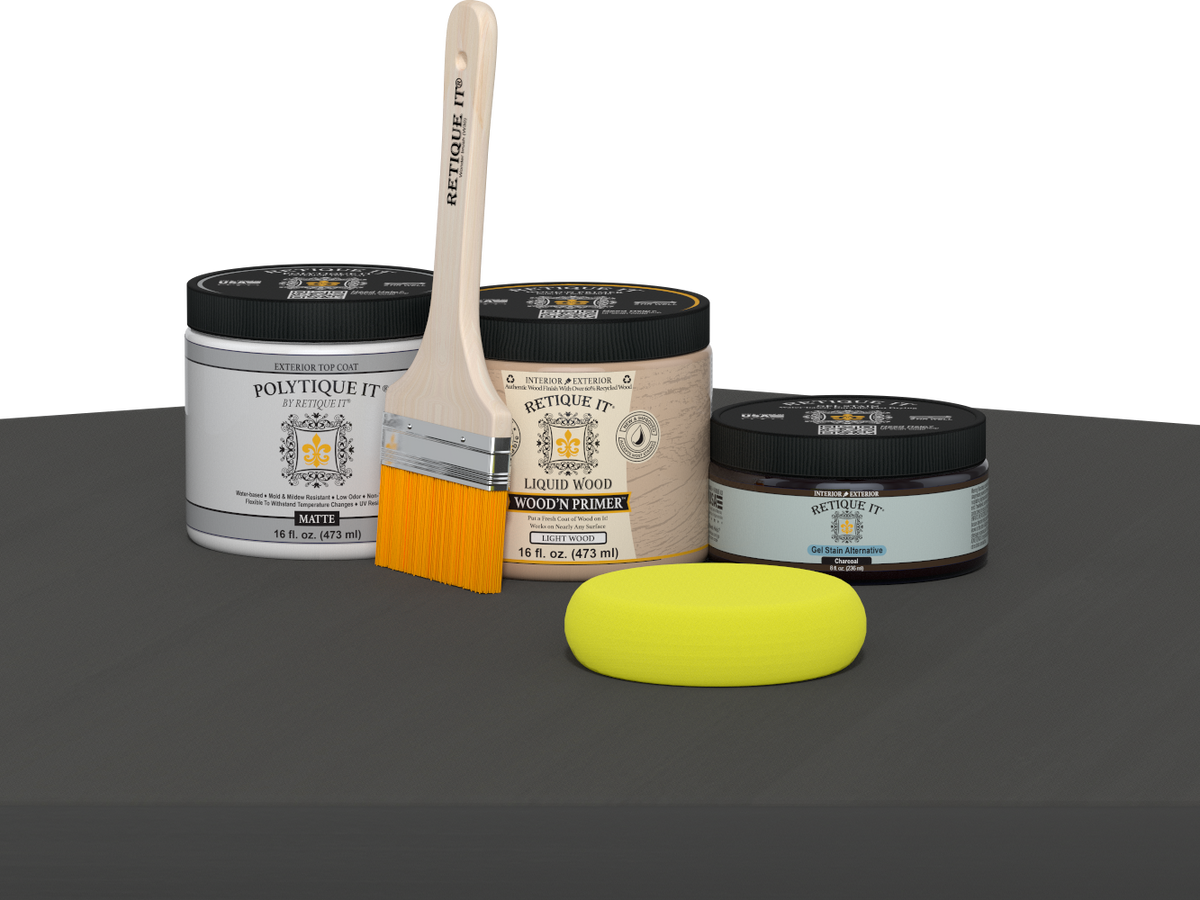 Retique It® Multi-purpose Smooth Finish Kit in charcoal for exterior wood projects, featuring a matte top coat application.