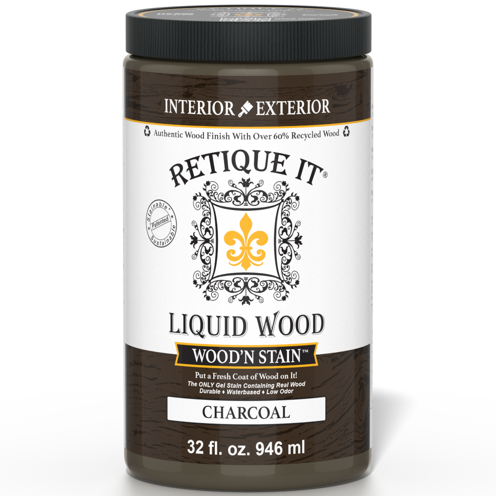 Retique It Liquid Wood Wood'n Stain in Charcoal, 32 oz bottle, showcasing dark wood stain for furniture or cabinetry application.