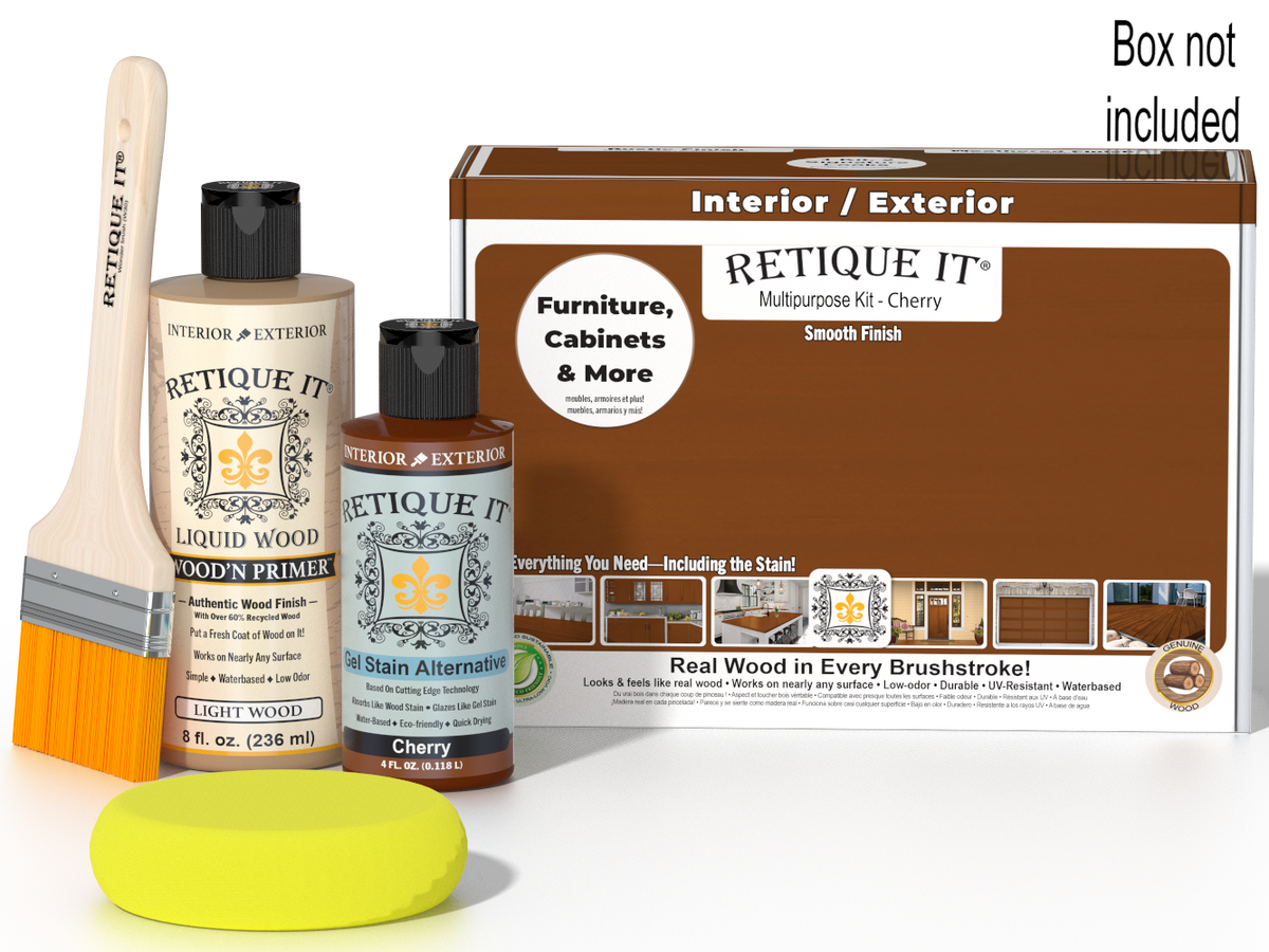 Retique It® Cherry wood finish kit with smooth finish, including applicator tools and finishing products in a box.