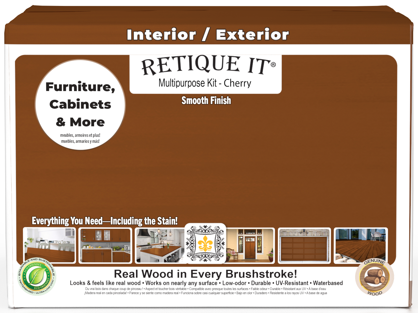 Retique It® multi-purpose smooth finish kit with four large cherry wood stain and finish bottles, front view of the box.