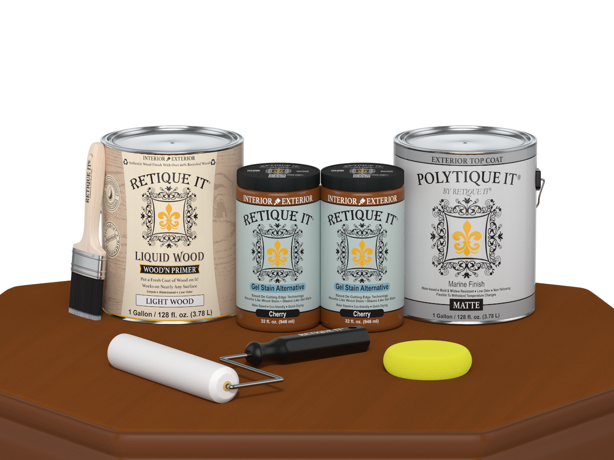 Retique It® Cherry Multi-purpose Smooth Finish Kit with four large exterior top coat bottles, matte wood finish, and application tools.