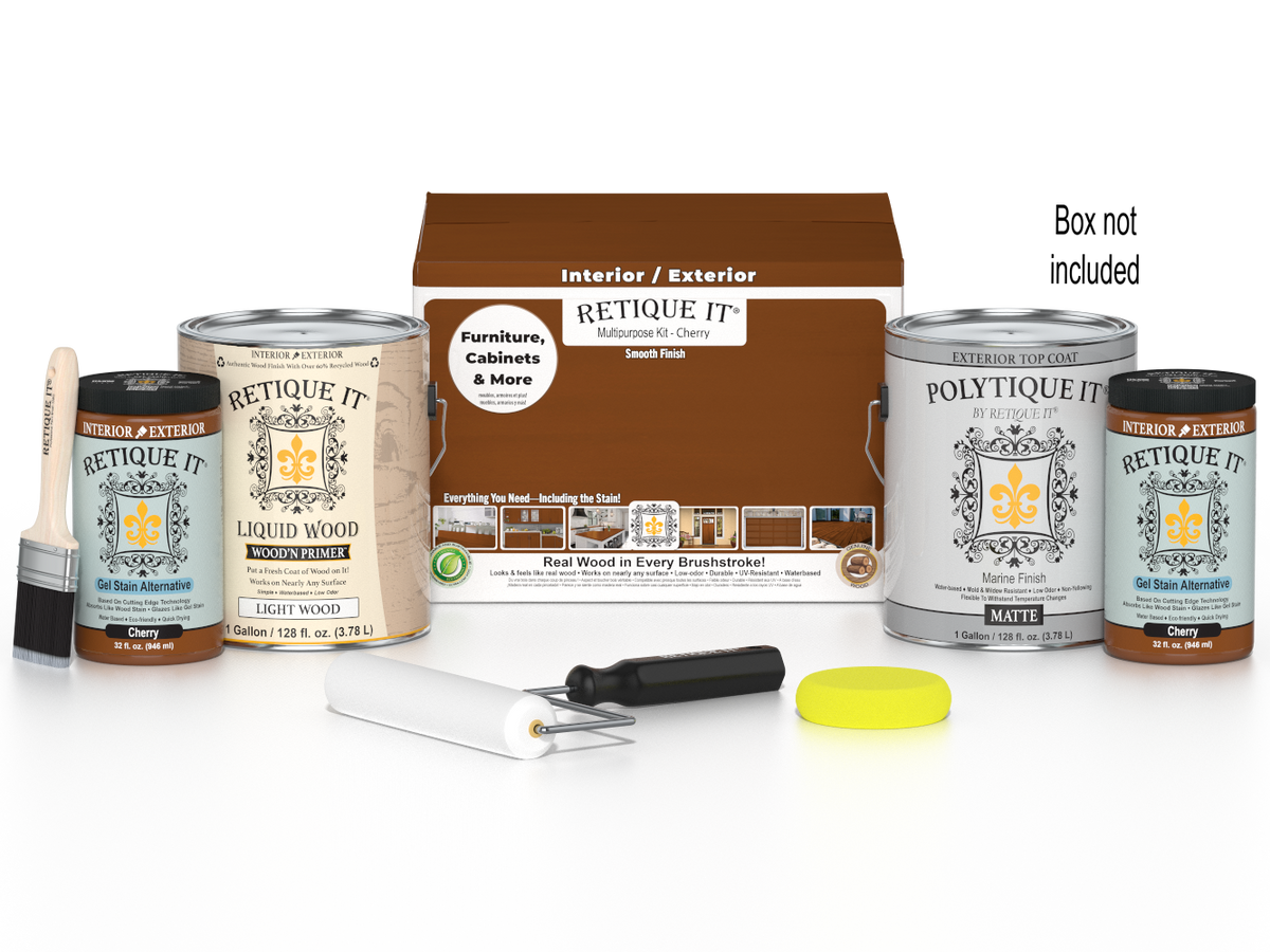 Retique It® Cherry multi-purpose wood finish kit with four large exterior top coat bottles and application tools in a box.