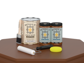 Retique It® Cherry Multi-purpose Smooth Finish Kit with four large wood finishing tools and supplies on a table.