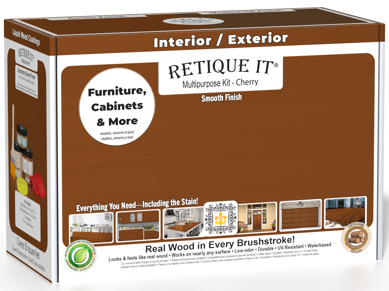 Retique It® Multi-purpose Smooth Finish Kit (Med) in Cherry, wood finish kit with applicator tools and finish samples, for furniture.