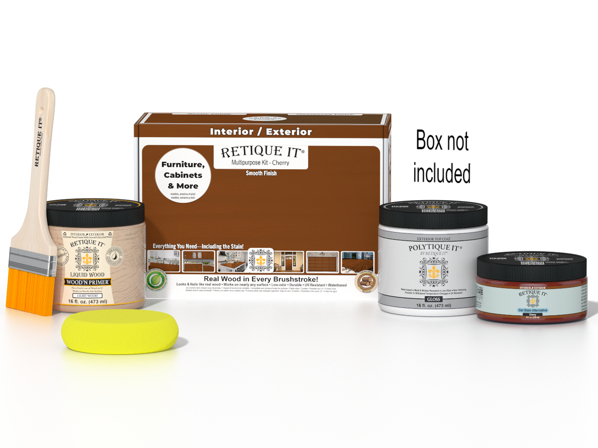 Retique It Multi-purpose Smooth Finish Kit (Med) in Cherry for wood exterior top coating, includes brushes and finishing tools.