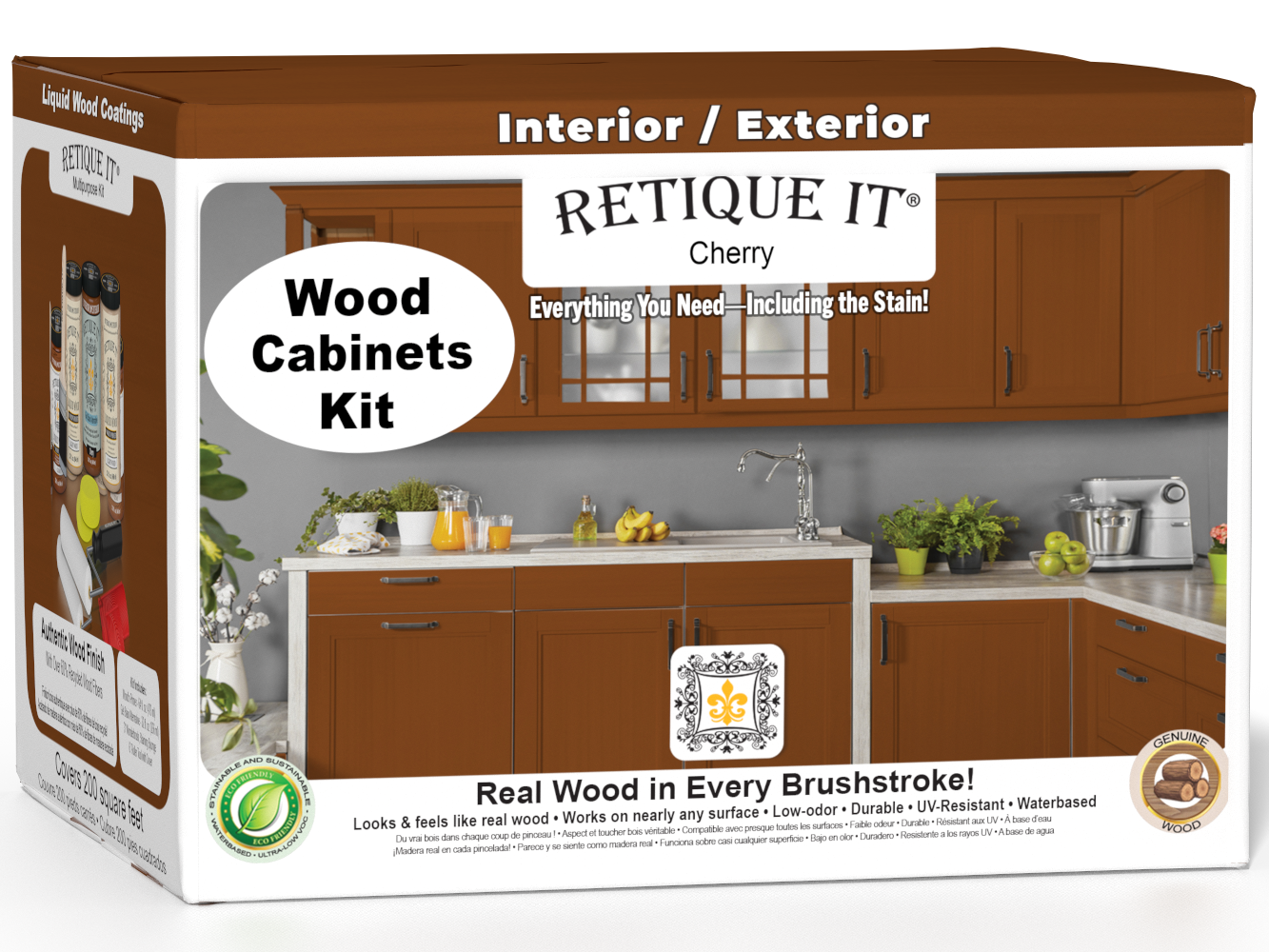 Retique It® Wood'n Cabinet Kit with 24 cherry stained smooth cabinet doors, shown in a box with assembled cabinet views.