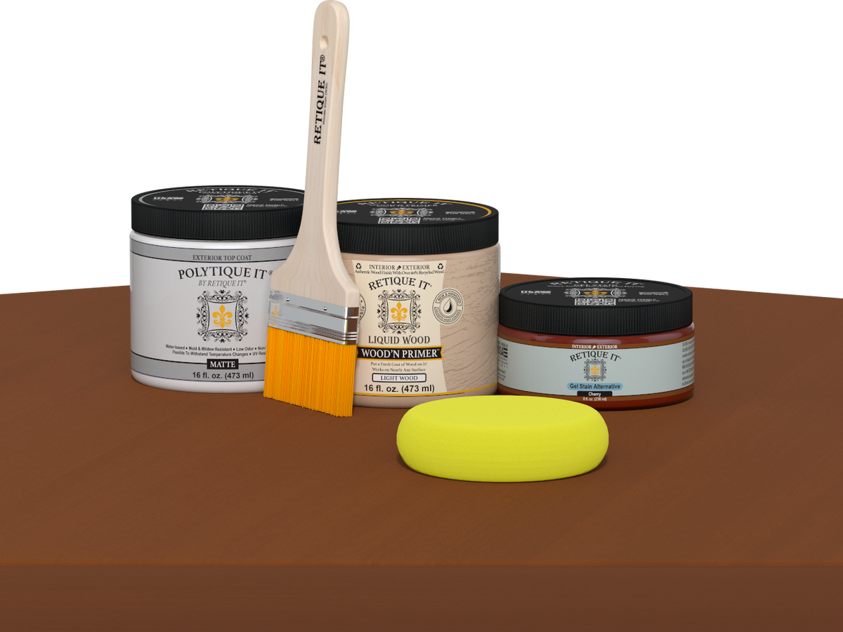 Retique It® multi-purpose smooth finish kit in cherry for wood and exterior projects, featuring a matte top coat on a table surface.
