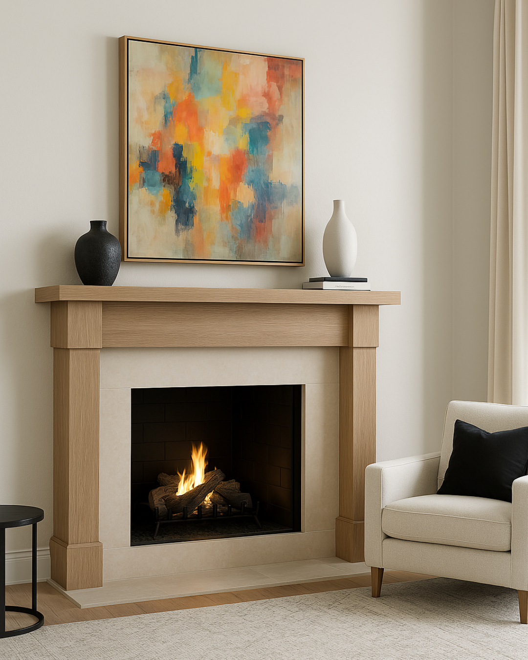 Modern living room fireplace featuring a full surround and mantel refinished with Retique It’s Pickled Oak grained kit, adding a light woodgrain texture that blends beautifully with minimalist decor, warm tones, and neutral furnishings.