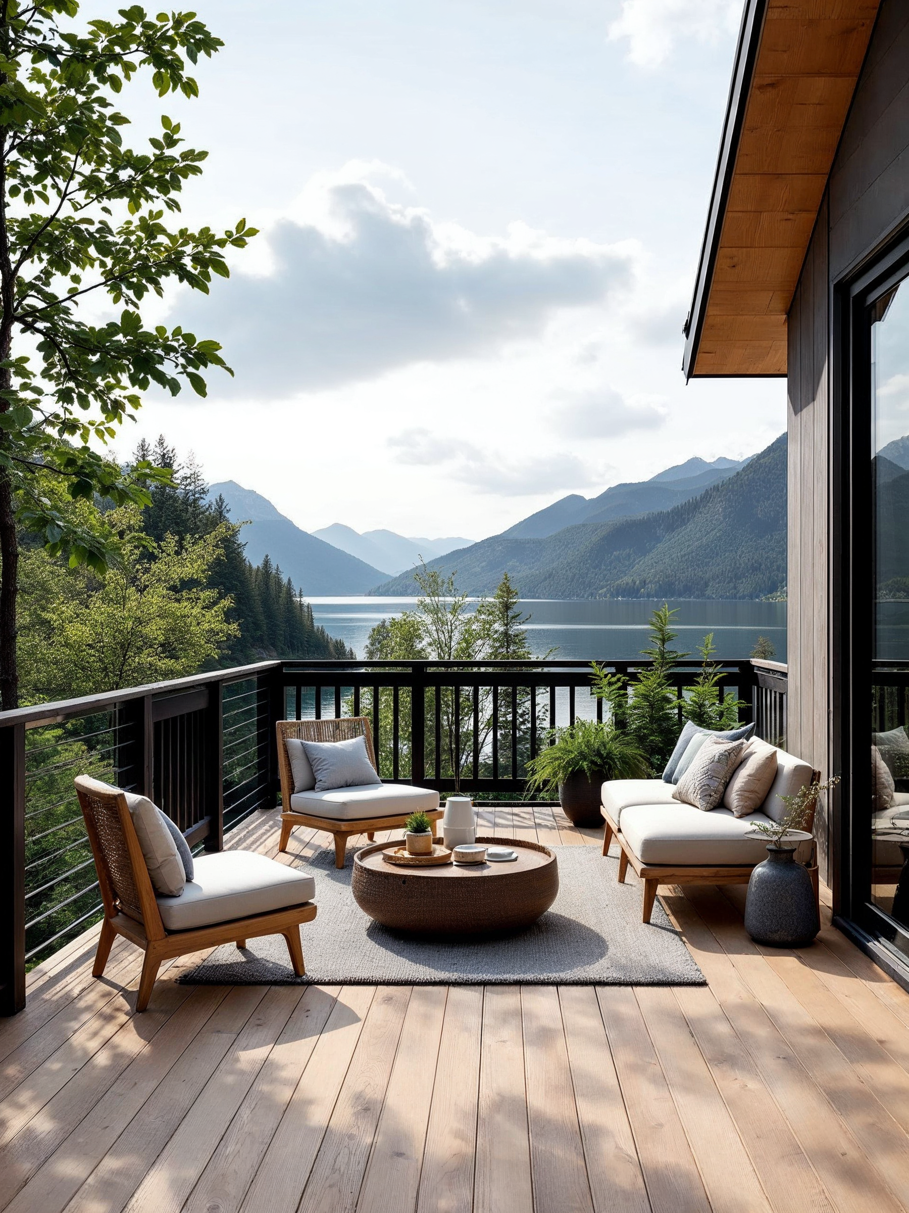 Chic, modern deck surrounded by mountain views, styled with cozy seating and a soft woodgrain floor finished using Retique It’s Pickled Oak grained kit. The natural faux wood aesthetic pairs beautifully with black railing and neutral outdoor décor.