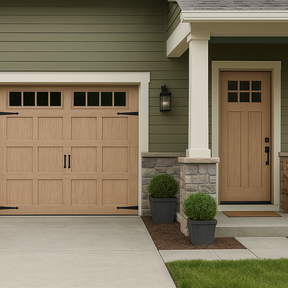 Modern craftsman-style home showcasing a seamless garage door and front door transformation using Retique It Pickled Oak grained kit, bringing a unified natural wood look with contrasting green siding and black trim accents.