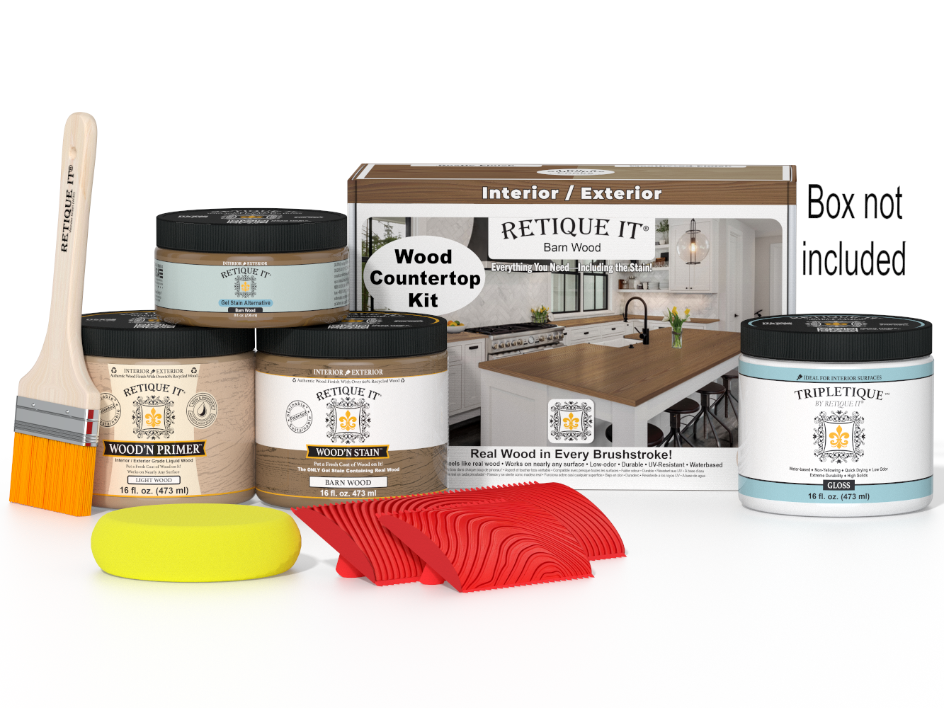 Retique It® barn wood stain kit for kitchen island countertops, featuring natural wood finish and easy application.