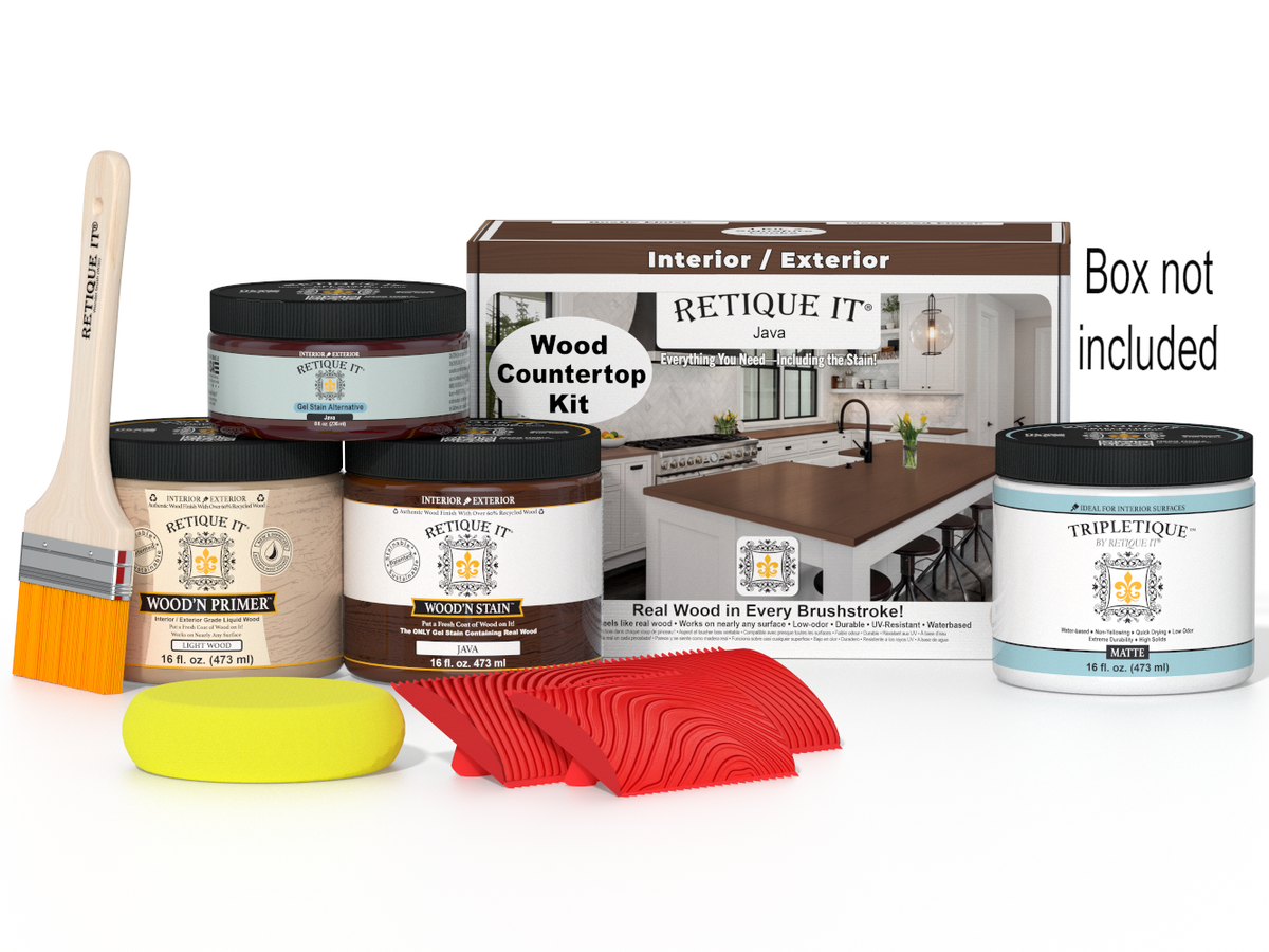Retique It® Java countertop kit for kitchen islands, includes stain products and accessories for custom kitchen island finishing.