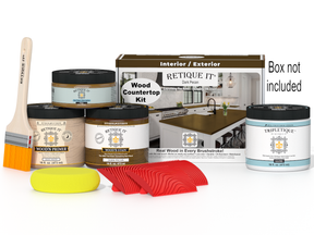 Wood countertop kit with paint cans, a brush, and a sponge on a white background