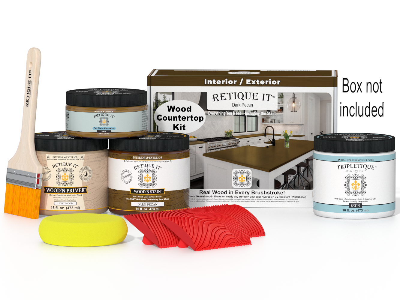 Wood countertop kit with paint cans, a brush, and a box on a white background