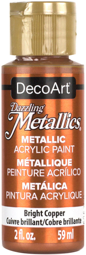Bright copper metallic paint from DecoArt Dazzling Metallics line in a 2oz container with a shiny metallic finish.