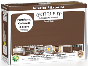 Retique It® Multi-purpose Smooth Finish Kit in Dark Oak for interior wood projects, includes top coat with a matte finish.