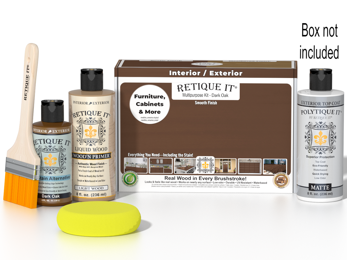 Retique It® Multi-purpose Smooth Finish Kit in Dark Oak for exterior top coat, featuring wood finish components and applicator tools.