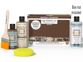 Retique It® Multi-purpose Smooth Finish Kit in Dark Oak for interior wood, includes top coat and matte finish, with packaging box.