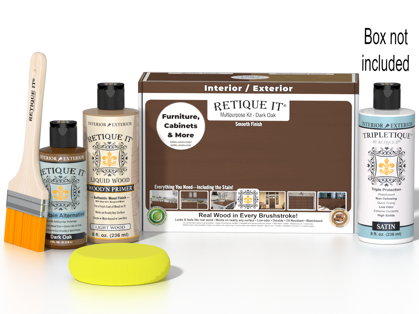 Retique It® Multi-purpose Smooth Finish Kit in Dark Oak for interior wood projects, with top coat and applicator tools in the box.