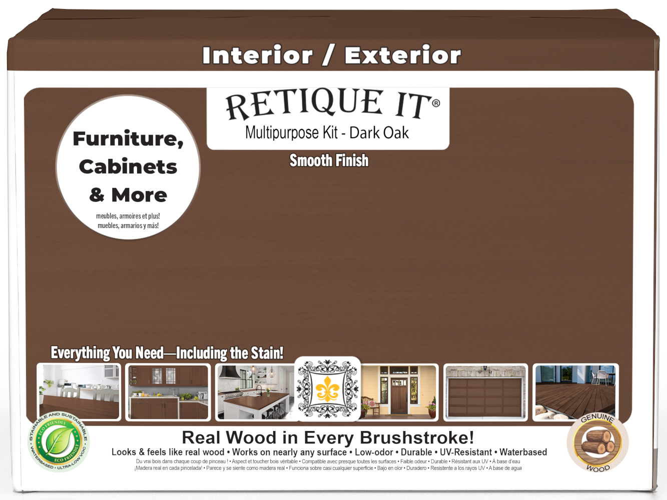 Retique It Multi-purpose Smooth Wood'n Finish Kit in Dark Oak for exterior wood projects, includes four large bottles in a box.