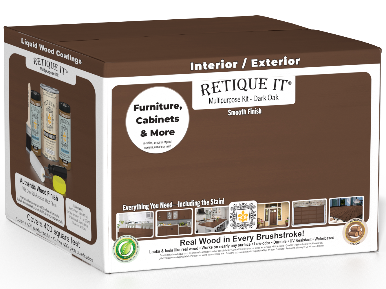 Retique It® Multi-purpose Smooth Finish Kit in Dark Oak with four large wood interior top coat bottles and application tools.