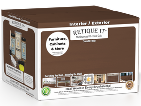 Retique It Multi-purpose Smooth Wood'n Finish Kit in Dark Oak with four large exterior top coat bottles and application tools.