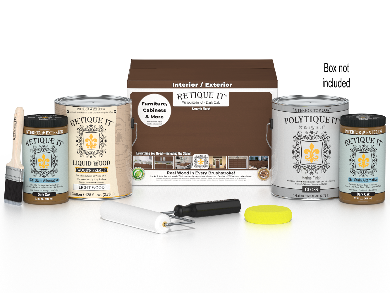 Retique It Dark Oak Multi-purpose Wood'n Finish Kit with four large exterior top coat bottles and application tools in a box.