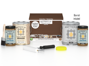 Retique It Dark Oak Multi-purpose Wood'n Finish Kit with four large exterior top coat bottles and application tools in a box.