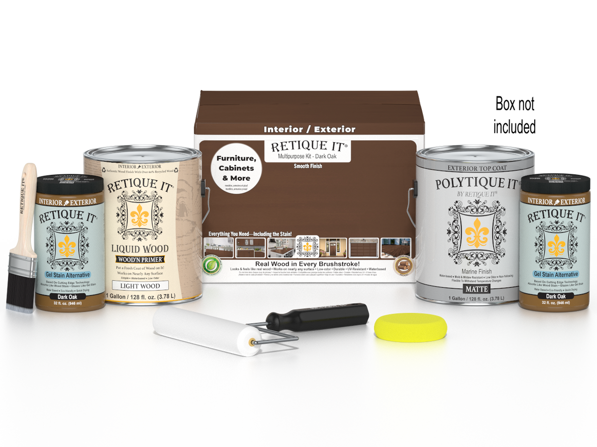 Retique It® Wood'n Finish Kit in Dark Oak with four large containers, exterior top coat for smooth wood finishing.