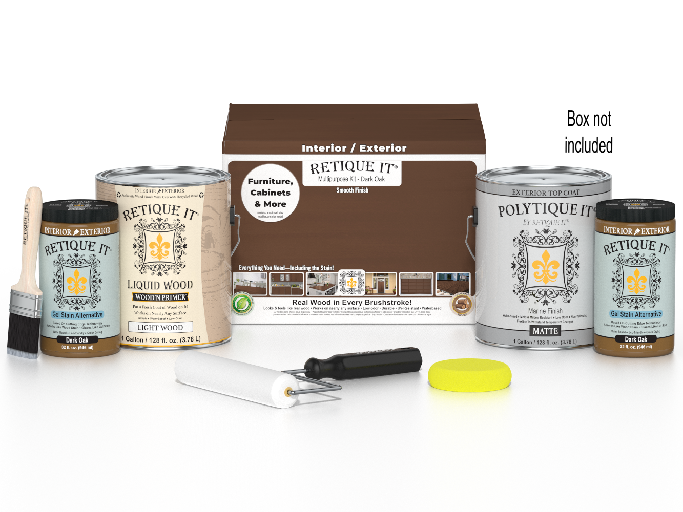 Retique It Wood'n Finish Kit in Dark Oak with four large containers, exterior top coat for smooth wood finishing.