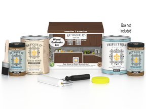 Dark oak Wood'n Cabinet Kit with 48 smooth doors by Retique It®, featuring staining products and packaging in the image.