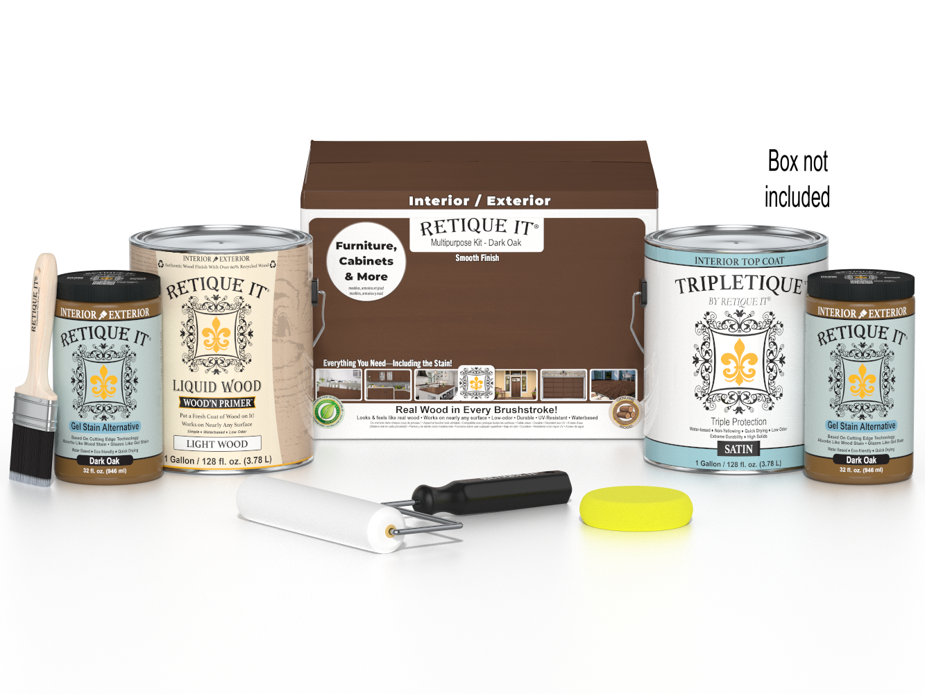 Retique It® Multi-purpose Smooth Finish Kit in Dark Oak for interior wood projects, includes four large top coat bottles.