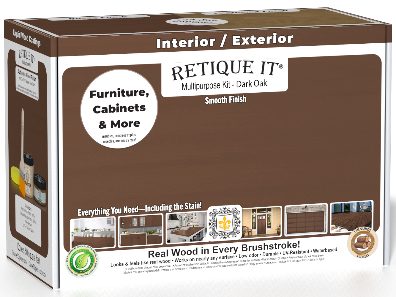 Retique It® Dark Oak Multi-purpose Smooth Finish Kit (Med) with wood finish tools and supplies in a box for wood refinishing.