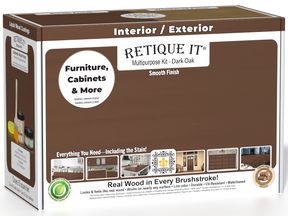 Retique It® Dark Oak Multi-purpose Smooth Finish Kit (Med) with wood finish tools and supplies in a box for wood refinishing.