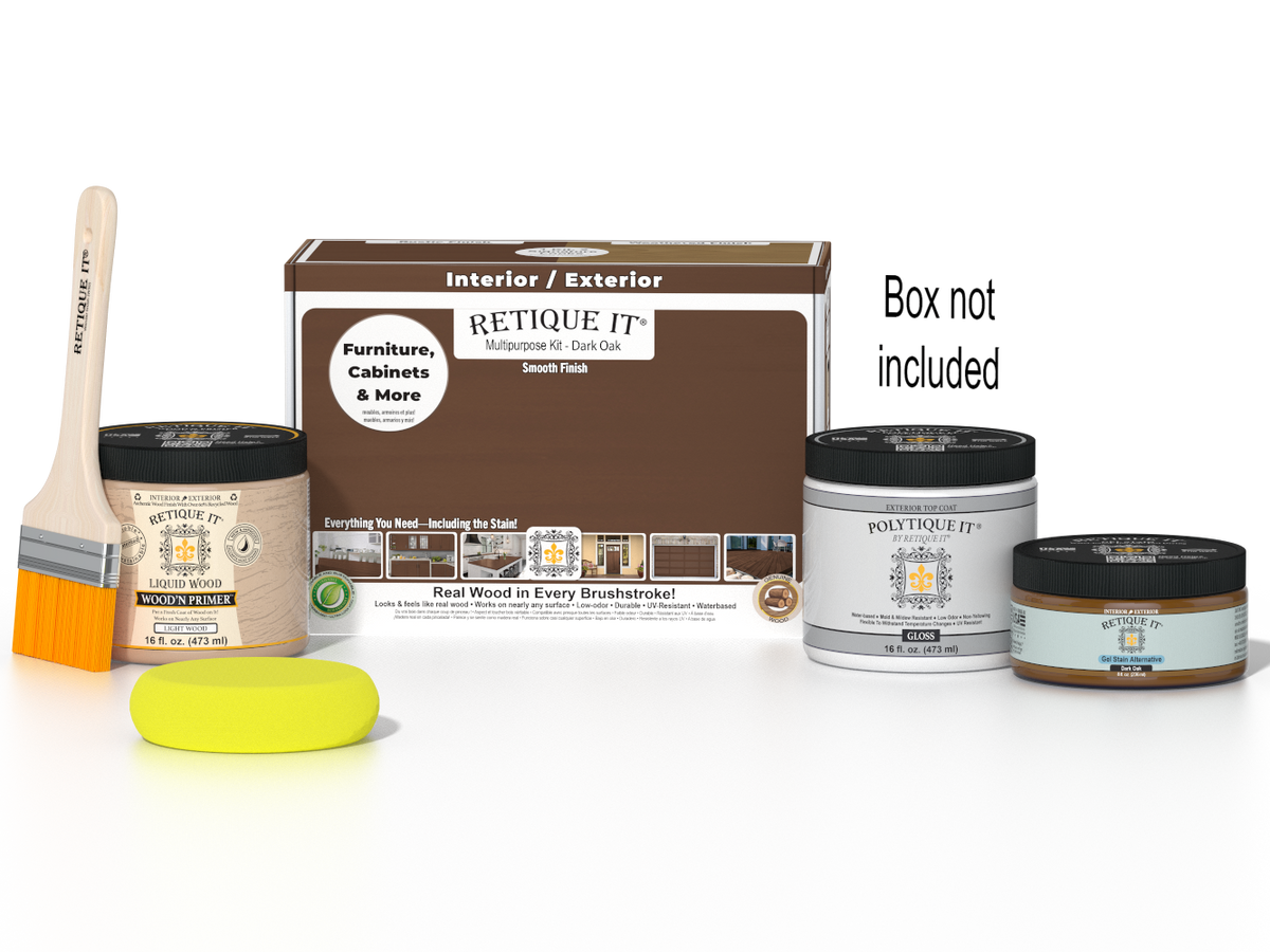 Retique It Multi-purpose Smooth Finish Kit in Dark Oak for exterior wood projects, includes top coat and application tools.