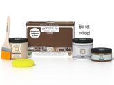 Retique It Multi-purpose Smooth Finish Kit in Dark Oak for exterior wood, includes top coat and application tools.