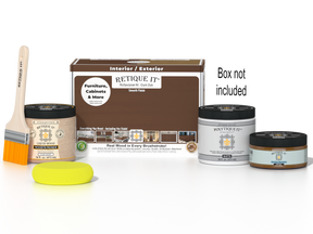 Retique It Multi-purpose Smooth Finish Kit in Dark Oak for exterior wood, includes top coat and application tools.