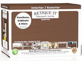 Large dark oak wood finish kit from Retique It® with smooth finish, including tools and materials for wood surface enhancement.