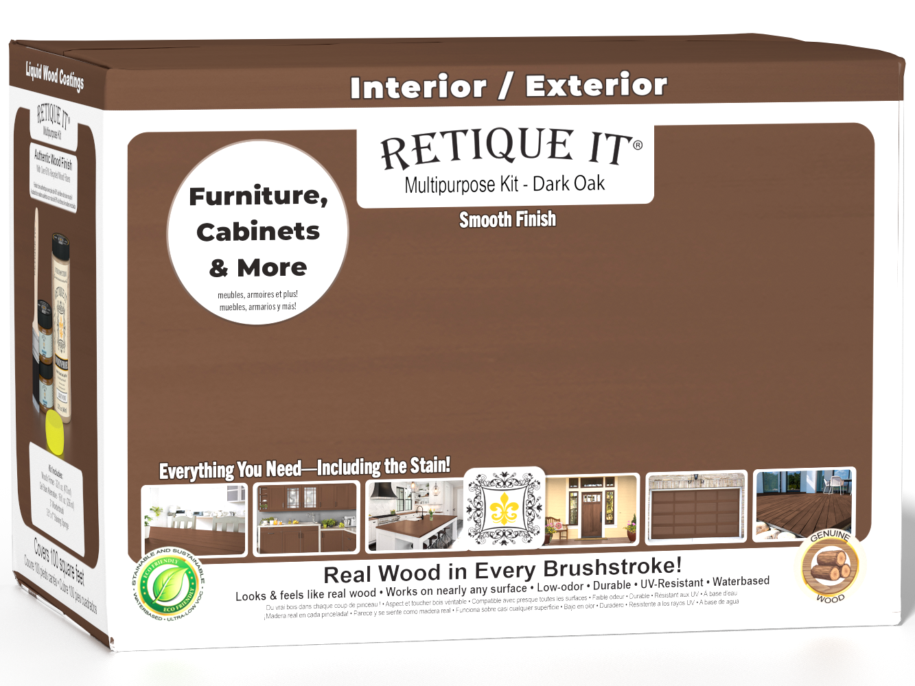 Large Dark Oak Wood'n Finish Kit interior top coat with smooth finish, includes tools and materials for wood furniture finishing.