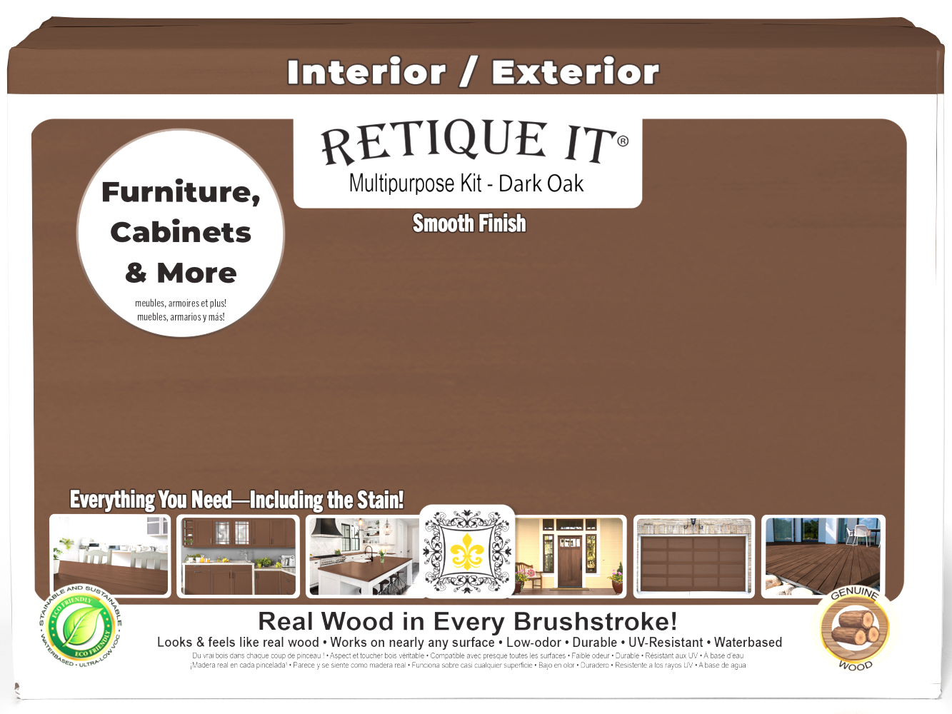 Retique It® Multi-purpose Smooth Finish Kit in Dark Oak for exterior use, featuring large box with wood top coat and matte finish.