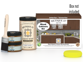 Dark oak Wood'n Cabinet Kit with 12 smooth cabinet doors, featuring Retique It® stain for a sleek, modern kitchen look.