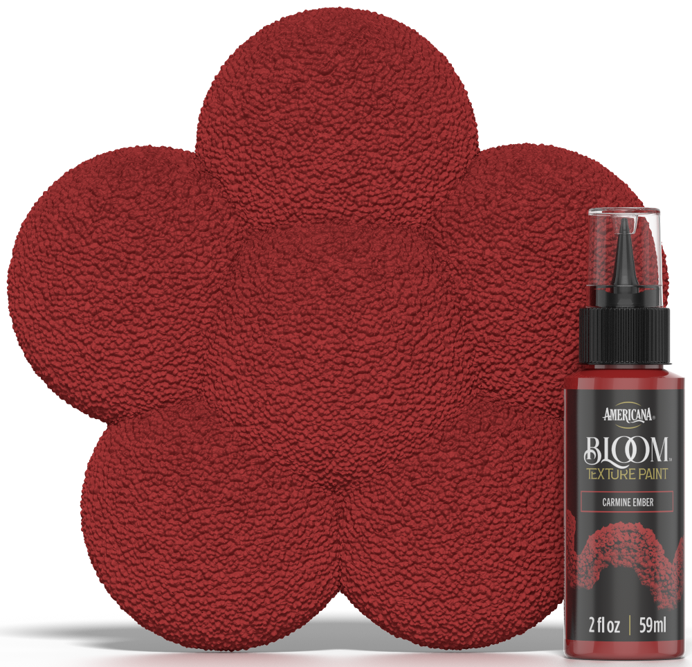 Retique It® Bloom Texture Paint 4pk in Carmine Ember with a color swatch and textured paint finish on a surface.