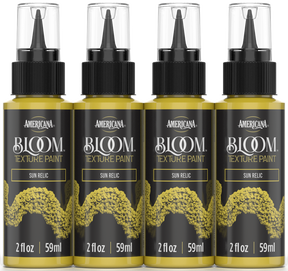 Retique It® Bloom Texture Paint 4-pack in Sun Relic color, showing textured paint tubes and vibrant finish on surfaces.