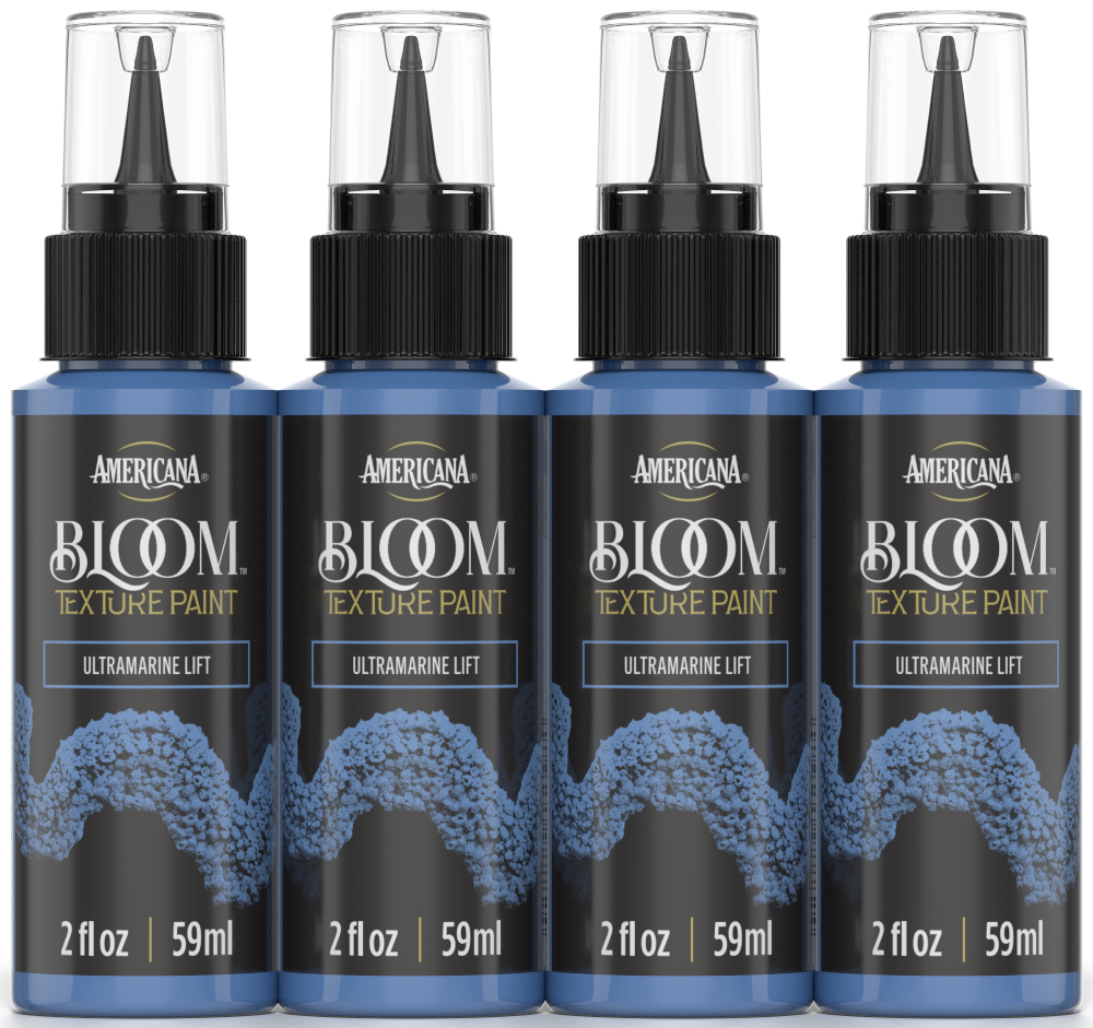 Retique It® Bloom Texture Paint 4-pack in Ultramarine Lift, showcasing textured paint bottles with vibrant blue color.