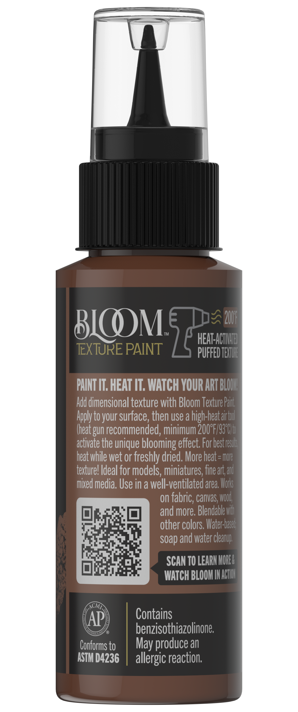 Retique It® Bloom Texture Paint 4-pack in Hearthgrain finish, featuring textured wall paint swatches and application details.