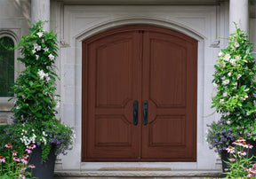 Red Mahogany Wood'n Finish Kit by Retique It® for exterior wood surfaces, featuring a double front door with a grained finish.