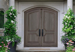Retique It Wood'n Finish Kit Large in Harbor Gray for exterior wood surfaces, featuring textured grained finish on a double front door.