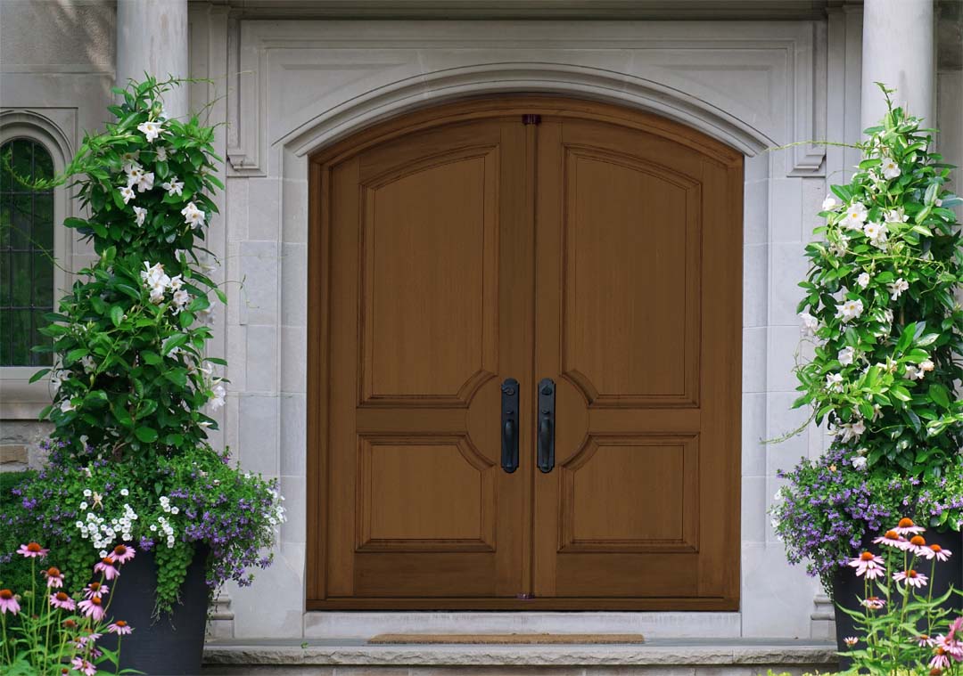 Retique It Multi-purpose Smooth Finish Kit (Large) in cherry for exterior wood, featuring a matte top coat on a double front door.