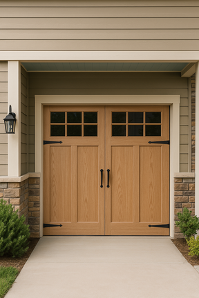 Exterior view of traditional double garage doors refinished using Retique It’s Pickled Oak grained kit, highlighting a warm, natural oak look with faux wood texture and black matte hardware for a timeless carriage-house style.